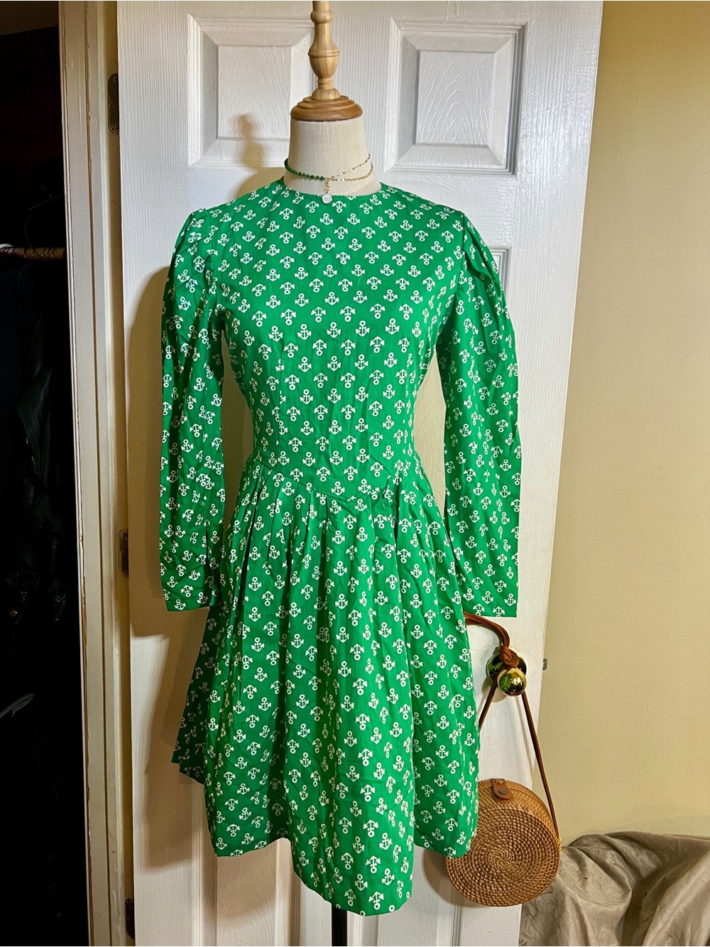 Vtg 70s-80s Wms Handmade Green Cotton Pleated Tie Waist Anchor Retro Dress S/M